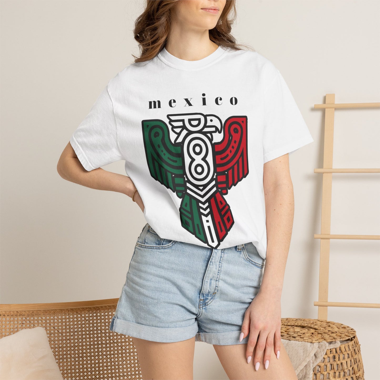 Mexico Eagle Graphic T-Shirt — Aztec-Inspired Red & Green Tribal Design